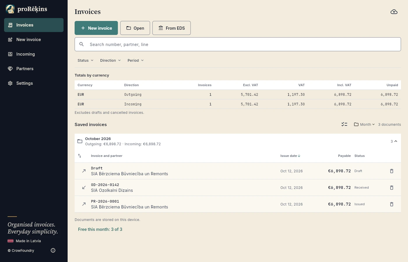 proRēķins invoice archive in a desktop browser, using fictional data