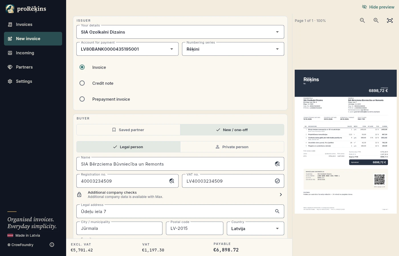 Desktop editor with a fictional consulting invoice