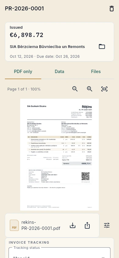 Issued invoice PDF preview on a phone, a fictional example