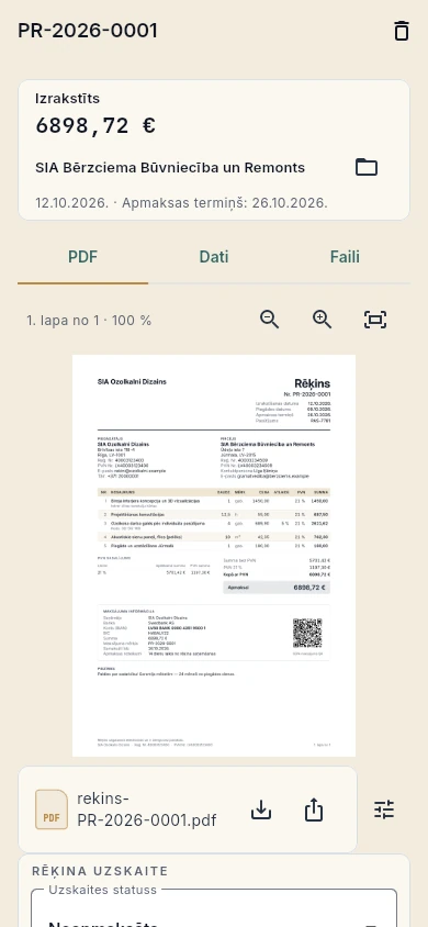Izrakstīta rēķina PDF priekšskatījums telefonā, izdomāts piemērs