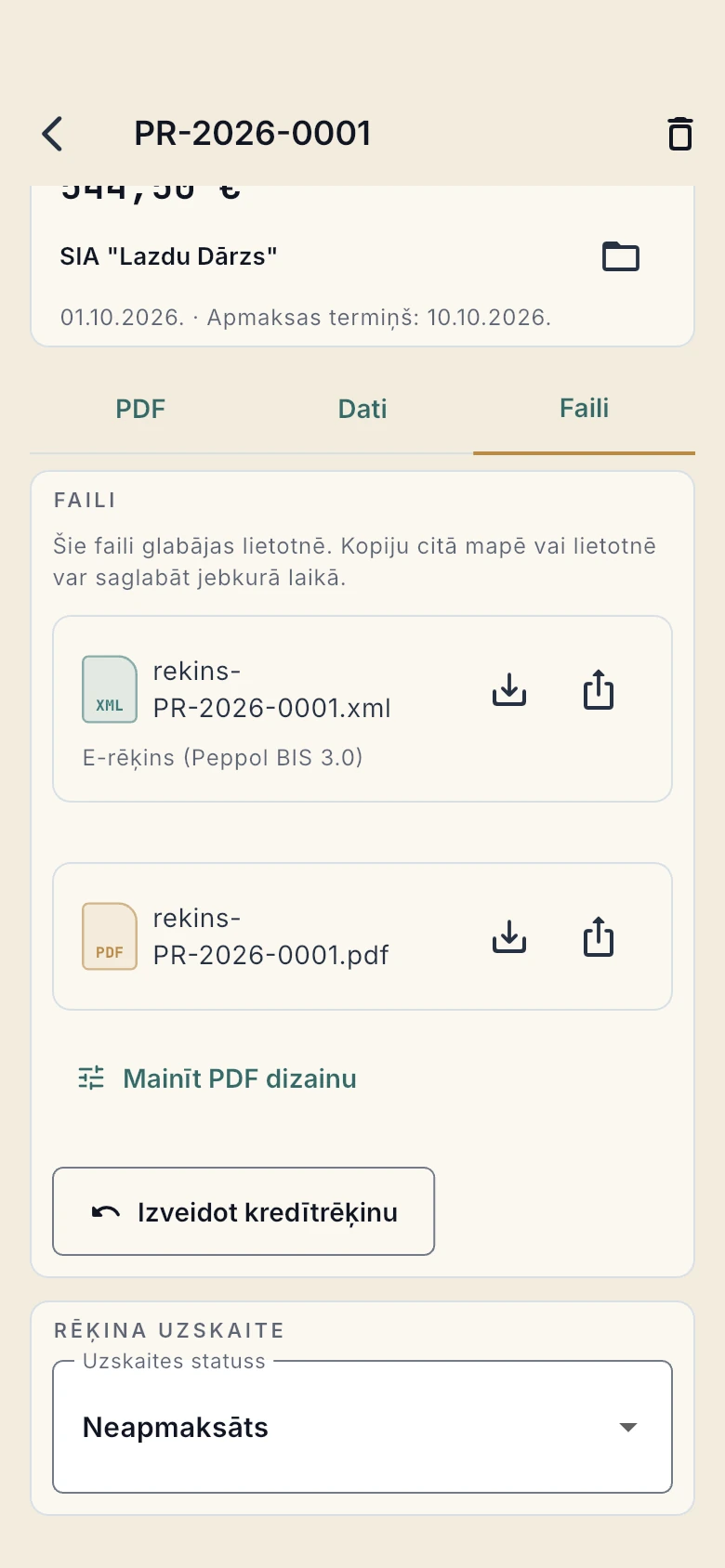 Rēķina XML un PDF failu saglabāšanas un kopīgošanas skats