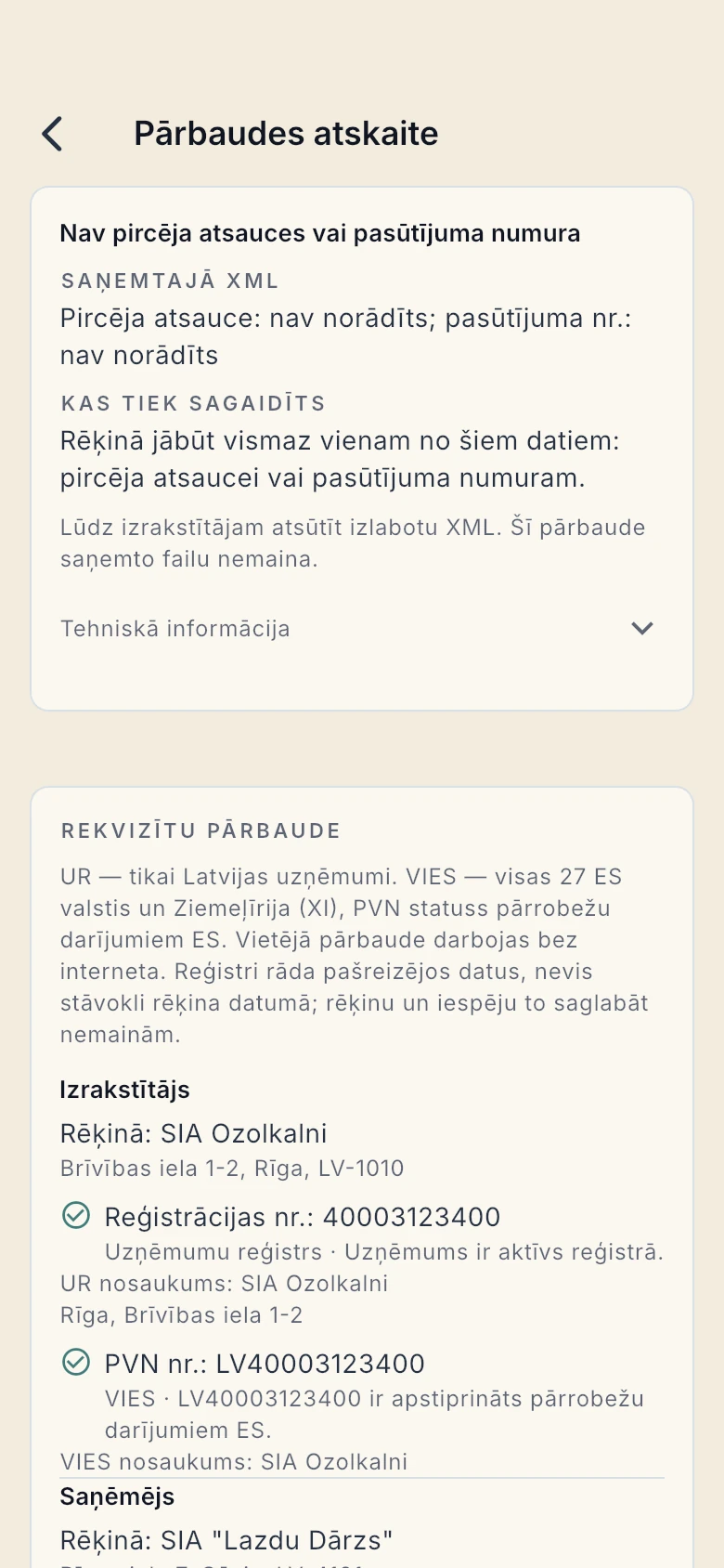 Saņemta e-rēķina pārbaudes un skaidrojumi